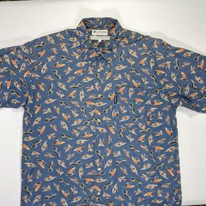 COLUMBIA Men's L Short Sleeve Button-up Blue Shirt Fly Fishing Lures Pattern